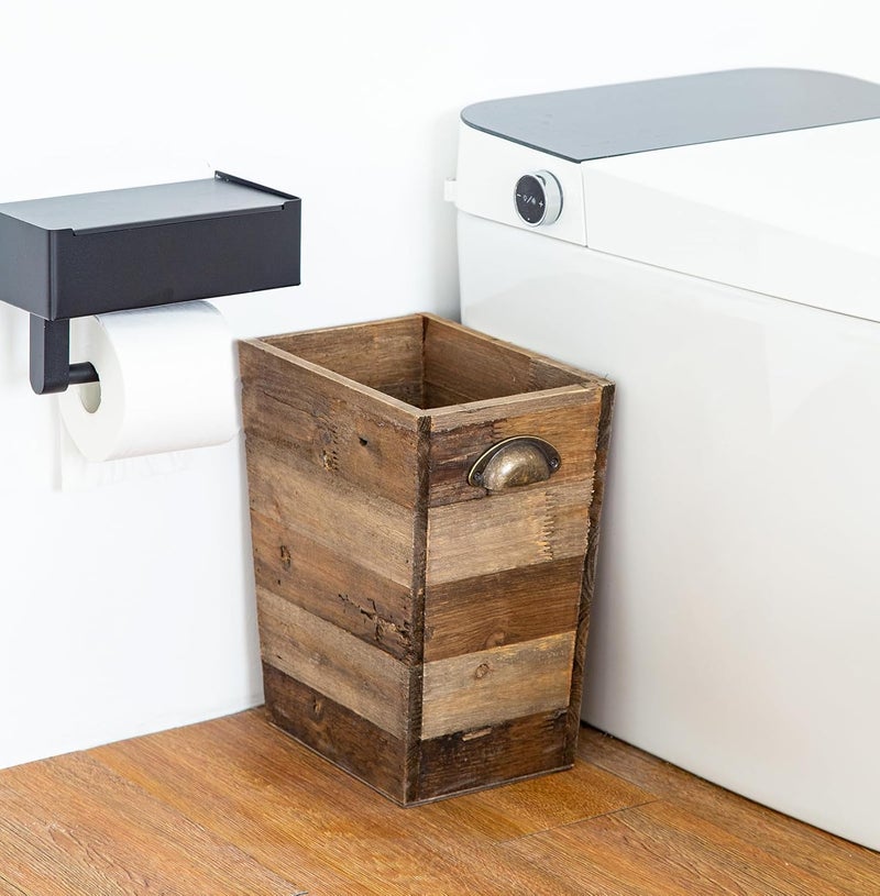 TIMRIS Small Wood Trash Can, Farmhouse Rectangular Garbage Can Waste Basket, Rustic Distressed Reclaimed Wood Wastebasket, Vintage Wooden Trash Recycling Bin Storage Basket with Metal Handles (Natural) - Image 4
